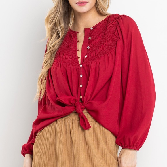 Boho Solid Shirring Detailed Blouse Top size small - Picture 5 of 7